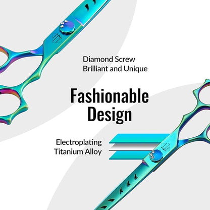 Dog Grooming Scissors: 7" Straight Pet Shears Skeletonized blade Made Of Japanese 440C for Trimming Dogs Cats and Other Pets Green