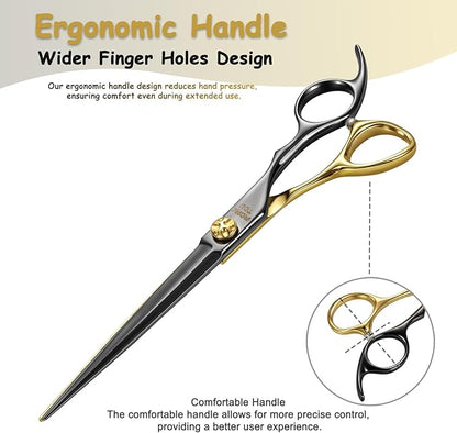 7'' Professional Straight Dog Grooming Scissors with Decorative Screw Sharp and Durable Black and Gold 440C Stainless Steel Dog Shears Easy Use for Groomers and Home user.