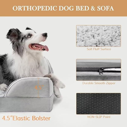 Large Dog Beds Orthopedic Foam, Waterproof Dog Beds for Large Dogs Sofa Comfy Pet Bed with Washable Removable Cover & Non-Slip Bottom(Large,Grey White)