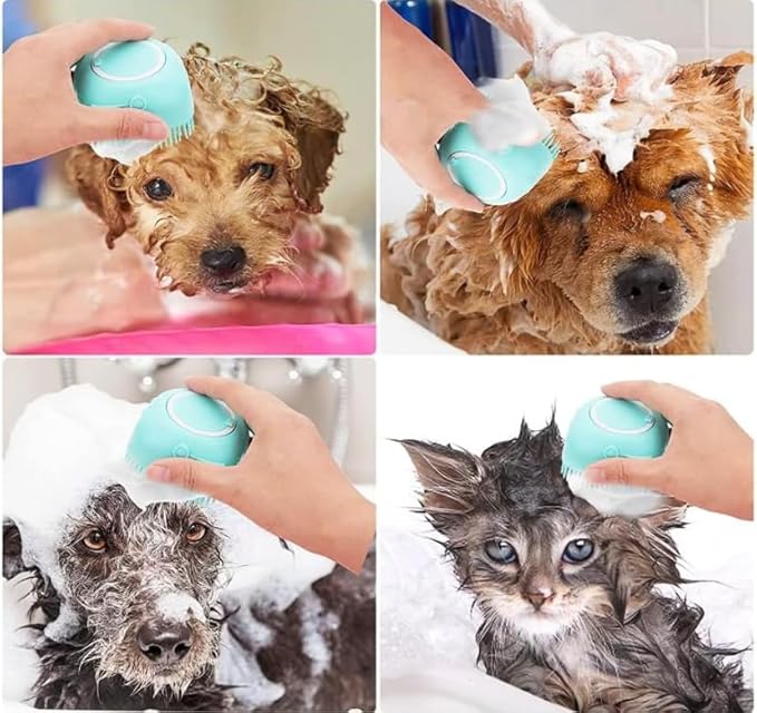 Dog Bath Brush, Dog Grooming Brush - Silicone Cat Shampoo Comb, Shampoo Dispenser for Kitty and Puppy (Blue)