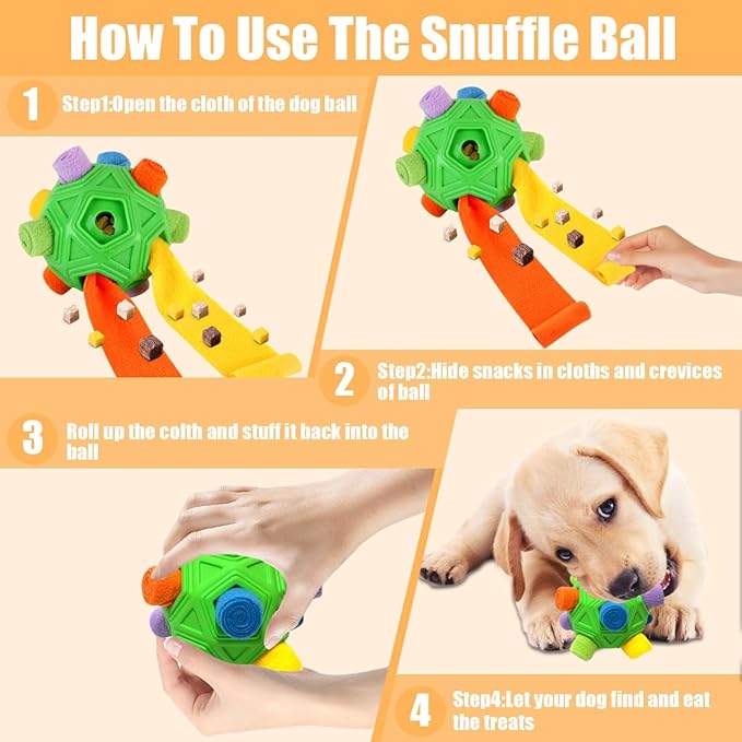 Dog Snuffle Ball-Interactive Puzzle Dog Toys Encourage Natural Foraging Skills Slow Feeder for Training and Stress Relief, Cloth Strip Hiding Food Chew Toys for Any Size Dogs with Squeaky Carrot Toy