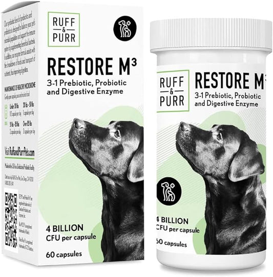 Ruff & Purr Probiotics for Dogs  3-in-1 Probiotics, Prebiotics and Digestive Enzymes for Gut Health, Immune Support, Healthy Skin and Coat  Clinically Studied DE111 & PreforPro