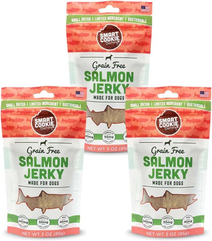 Smart Cookie Salmon Jerky Dog Treats - DHA, Omega Strips for Dogs & Puppies with Allergies, Sensitive Stomachs with Wild Caught Alaskan Salmon- Dehydrated, Grain Free, Made in USA - 3oz Bag, Pack of 3