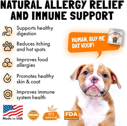 Allergy Relief Chews for Dogs & Immune & Digestive Supplement with Wild Salmon Oil Kelp Colostrum Turmeric Probiotics & Bee Pollen for Seasonal Allergies Anti Itch, Skin Hot Spots 30 Soft Treats