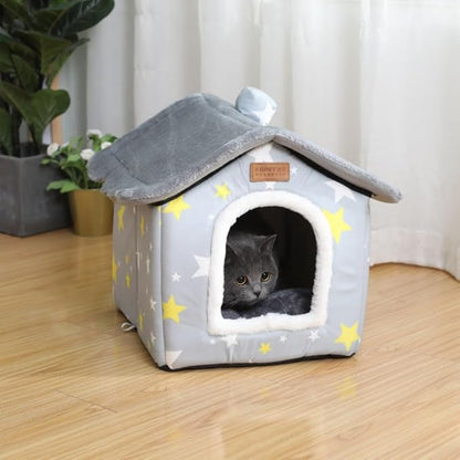 SEAHOME Foldable Dog House Kennel Bed Mat for Indoor Pets,Enclosed Warm Plush Sleeping Nest Bed with Removable Cushion,Covered Small Pet Condos Indoor Cat Hideaway (M, Grey)