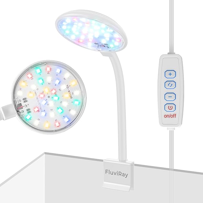 Mini Clip-On Aquarium Light 7W USB Dimmable Fish Tank Lamp with 3 Light Modes (White/RGB/Full Spectrum), 9-Level Brightness, 360° Adjustable Gooseneck for 1–3 Gallon Tanks