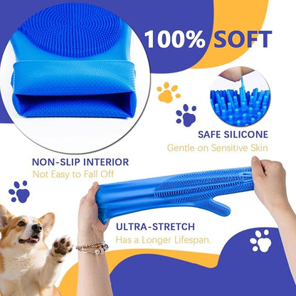 7-in-1 Pet Grooming Kit Dog Washing Gloves and Bath Brush Cat Shampoo Brush & Dog Toothbrush with Silicone Massage Bristles & Bubbler (Blue)
