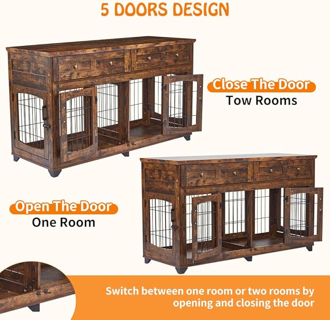 Dog Crate Furniture with 5 Doors, 58" Wooden Dog Kennel End Table with Large Capacity Drawers, Dog House with Openable Divider for Small/Medium/Large Dog,Dog Cage,Side End Table (Rustic Brown)