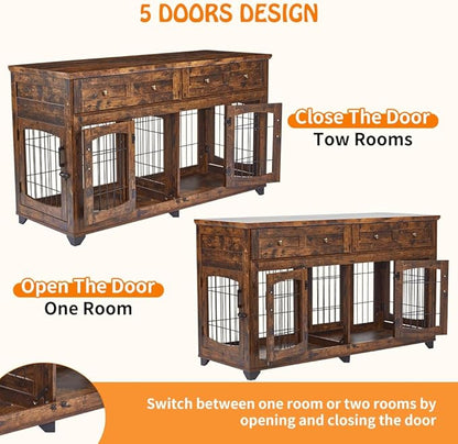 Dog Crate Furniture with 5 Doors, 58" Wooden Dog Kennel End Table with Large Capacity Drawers, Dog House with Openable Divider for Small/Medium/Large Dog,Dog Cage,Side End Table (Rustic Brown)