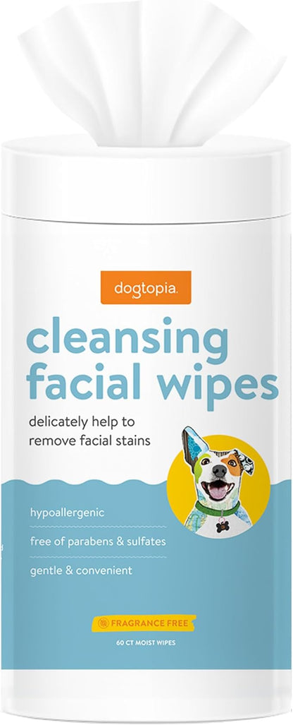 Cleansing Facial Wipes for Pets | Convenient Face Cleaning Wipes (60 Count) for Dogs and Cats | Hypoallergenic, Fragrance-Free, Remove Eye Discharge and Tear Stains