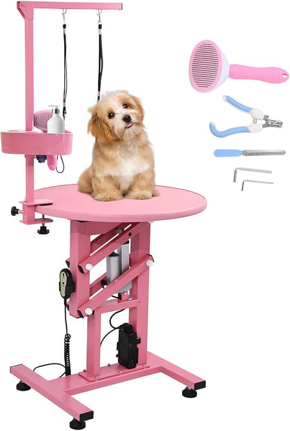 24" Electric Dog Grooming Table, Fast Lift Heavy Duty 360° Rotating Pet Grooming Desk for Small Dogs with Anti Skid Tabletop, Remote, Grooming Set, Tool Organizer, Pink
