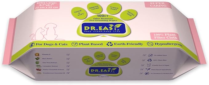 DR.EASY Super Caring Pet Wipes 100ct for Dogs and Cats, Cleans Ears, Face, Butt, Body and Eye Area  Convenient, Ideal for Home or Travel