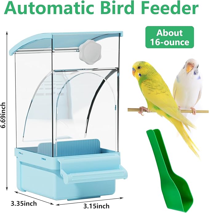 Hamiledyi Automatic Bird Feeder No Mess Bird Cage Feeder Transparent Acrylic Parrot Seed Food Container with Perch Cage Accessories for Parakeet Finch Lovebirds Budgies Canary (Blue)