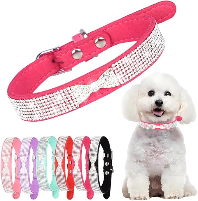 Hot Pink Bling Dog Collars for Medium Dogs, Diamond Puppy Collar with Jeweled Crystal Sparkling Glitter Girl's Cat Collar Adjustable for Small Medium Dogs, M