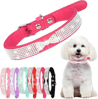 Hot Pink Bling Dog Collars for Medium Dogs, Diamond Puppy Collar with Jeweled Crystal Sparkling Glitter Girl's Cat Collar Adjustable for Small Medium Dogs, M