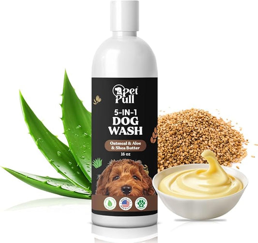 5-in-1 Dog Wash - Plant Based Dog Grooming Supplies for Dogs Cleanses - Skin Care Dog Wash Shampoo - Sulfate Free, All Natural Puppy Wash Made in USA (16 Fl Oz) (Oatmeal, Aloe, Shea-Butter)