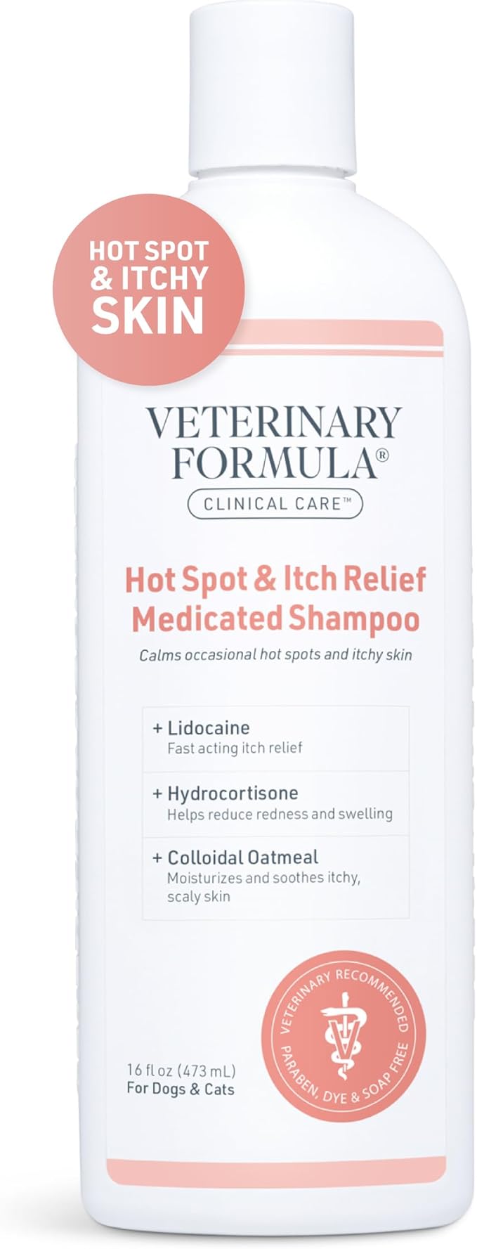 Veterinary Formula Clinical Care Hot Spot & Itch Relief Medicated Shampoo for Dogs and Cats 16oz  Helps Alleviate Sensitive Skin, Scratching, and Licking of Coat