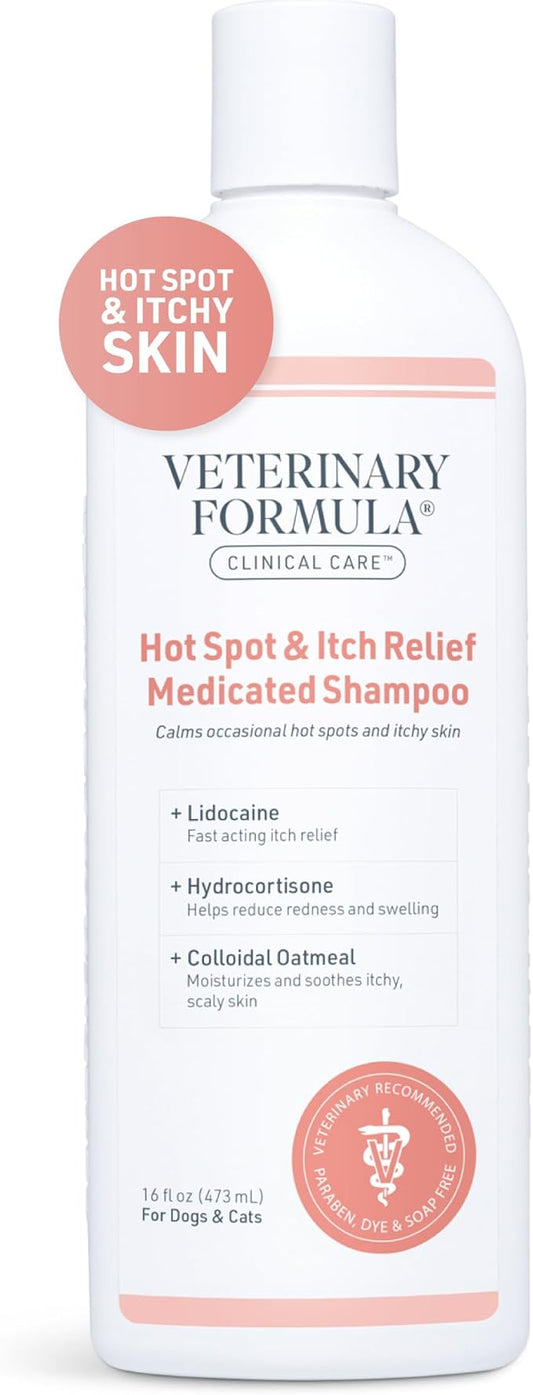 Veterinary Formula Clinical Care Hot Spot & Itch Relief Medicated Shampoo for Dogs and Cats 16oz  Helps Alleviate Sensitive Skin, Scratching, and Licking of Coat