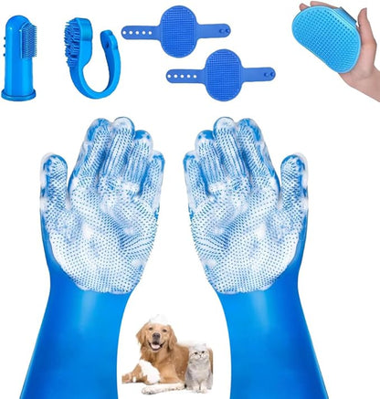 6PCS Pet Grooming Kit for Dogs & Cats - Dog Bath Gloves with Silicone Massage Brush, Gentle Washing Supplies for Shedding, Bathing, and Teeth Cleaning | Hypoallergenic & Waterproof Design
