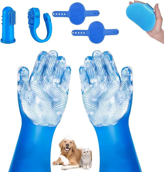 6PCS Pet Grooming Kit for Dogs & Cats - Dog Bath Gloves with Silicone Massage Brush, Gentle Washing Supplies for Shedding, Bathing, and Teeth Cleaning | Hypoallergenic & Waterproof Design