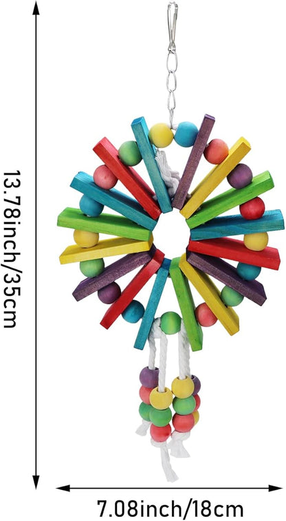 Parrot Hanging Chew Toy Bird Bite Swing with Colorful Wood Beads Bells for Parrot Macaw African Greys Cockatiels Cage Accessories (Colorful Wood Toy)