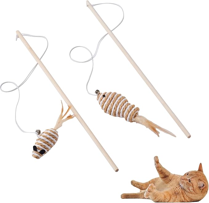 NOWFRESH Cat Wand Toy Set, 2 PCS Interactive Cat Teaser Wands with Cute Paper Mice & Paper Fish Designs, Equipped with Bells and Streamers to Captivate Your Cat’s Attention