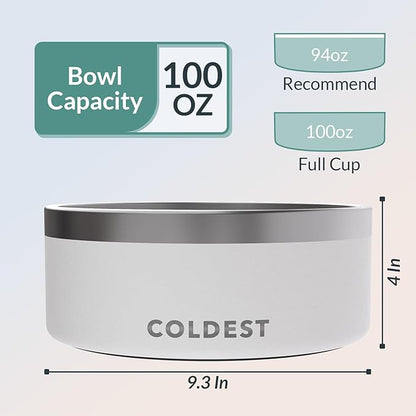 Coldest Dog Bowl - Anti Rust Metal, Non Slip, 3 Layers Insulated Stainless Steel Dog Bowls - Spill Proof & Heavy Duty - Water Bowl for Dogs, Cats & Pets, Dish Washer Safe (100 oz, Epic White)