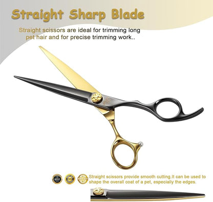 7'' Professional Straight Dog Grooming Scissors with Decorative Screw Sharp and Durable Black and Gold 440C Stainless Steel Dog Shears Easy Use for Groomers and Home user.