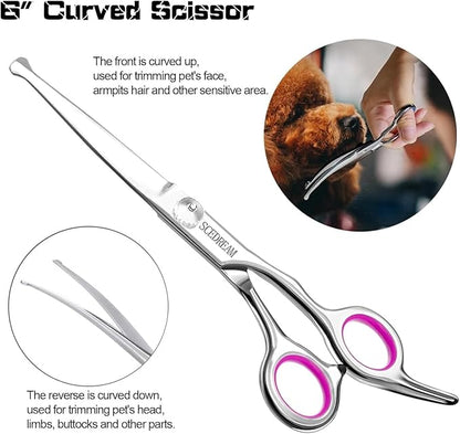 Dog Grooming Scissors - 3 in 1 Pet Grooming Shears Set, Curved Tips, Pink
