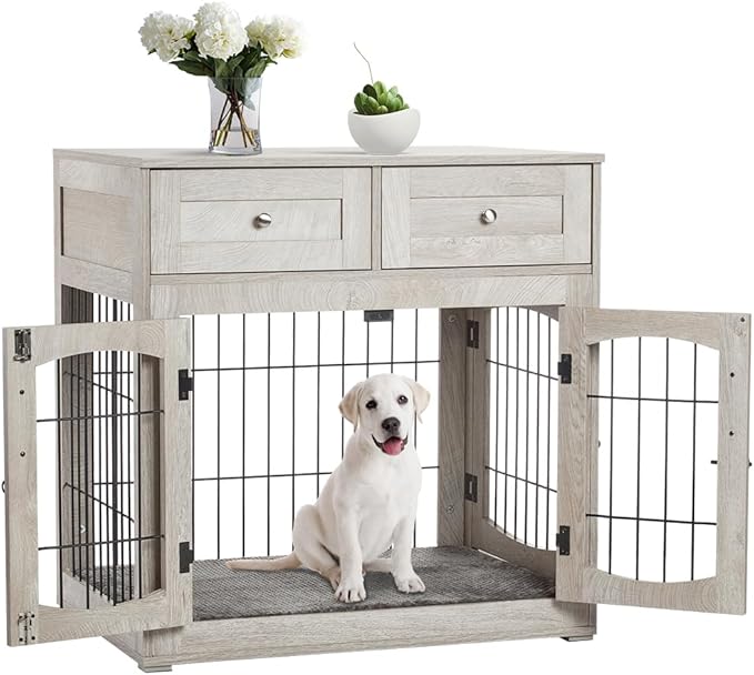 Dog Crate Furniture with Double Drawers, Wooden End Table Dog Kennel, Furniture Style Wood House Crate for Small/Medium/Large Dogs, Decorative Dog Crate with Storage for Large Breed, 32 Inch,Gray