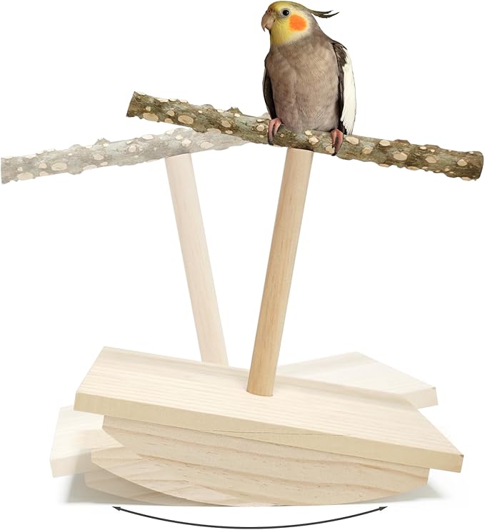 Natural Wood Bird Perch Stand,Rocking Perch for Birds,Chewing Training Parrot Tumbler Toy,Bird Stand Swing Removable Playstand Birds Cage Accessories for Parakeets,Cockatiels,Budgies,Conures(Large)