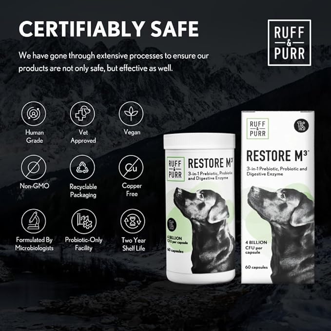 Ruff & Purr Probiotics for Dogs  3-in-1 Probiotics, Prebiotics and Digestive Enzymes for Gut Health, Immune Support, Healthy Skin and Coat  Clinically Studied DE111 & PreforPro
