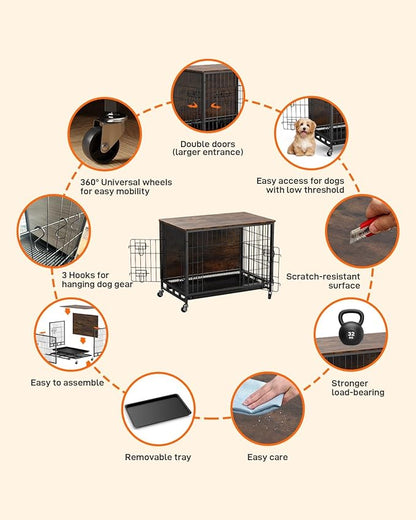 Dog Crate Furniture, 38.6" Wooden Dog Kennel Indoor, Double Doors Dog Cage with Removable Tray, Wheels, Large Dog Crate End Table for Medium/Large Dogs, Rustic Brown