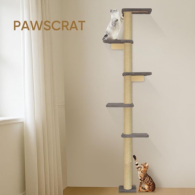 PAWSCRAT Wall-Mounted Cat Tree, 5 Tier Floor to Ceiling Cats Tower, 80 Inch Wall-Mounted Cat Scratching Post, Space Saving Cat Furniture and Easliy Climb for All Cats, Darkgery