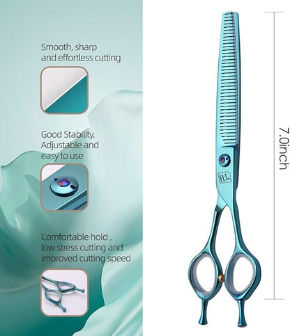 Dog Grooming Scissors: Blueish Green 7 inch Pet Blender Shears Made Of Japanese 440C Advanced Stainless Steel Professional Grooming Scissors for Dogs Cats and Other Pets