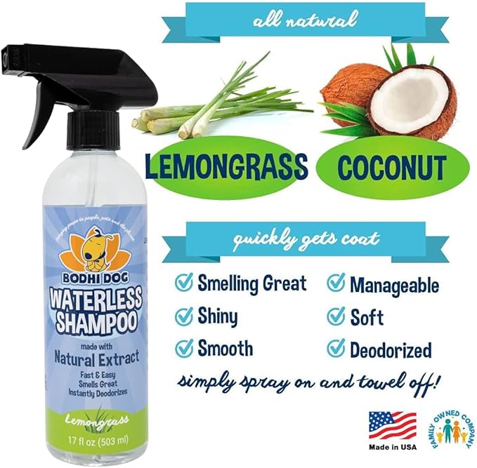Bodhi Dog Waterless Shampoo for Dogs & Cats - Natural Dry Shampoo, Neutralizes Odor, No Rinse Needed, Safe for All Breeds - Made in USA - Lemongrass Scent (17 Fl Oz)