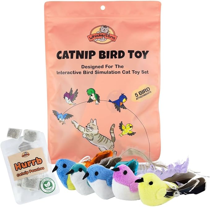 Interactive Bird Simulation Cat Toy Set, Interactive Cat Toys for Indoor Cats, Cat Feather Toy, Self-Holding Suction Base, 5 Catnip Birds, Feathers & Bells (5 Replacement Catnip Birds)
