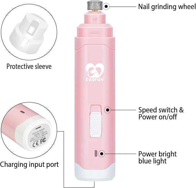 Casfuy Dog Nail Grinder Upgraded - Professional 2-Speed Electric Rechargeable Pet Nail Trimmer Painless Paws Grooming & Smoothing for Small Medium Large Dogs & Cats