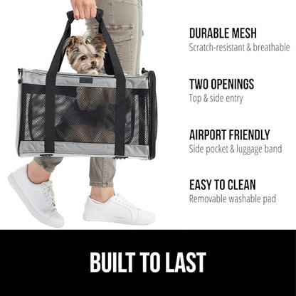GORILLA GRIP Cat Carrier Travel Bag Up to 15 Lbs, Soft Collapsible Small Dog Carriers, Top and Side Entry Breathable Mesh, Grip Feet on Underside, Cozy Washable Waterproof Pad, Portable Kennel, Gray
