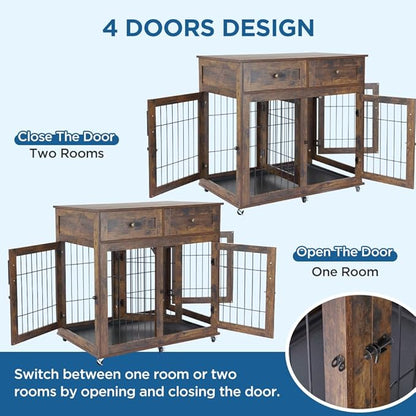 2 Dog Crate Furniture with 2 Drawer,39.4" Wooden Large Dog Kennel Crate End Table with Wheels (Brown)