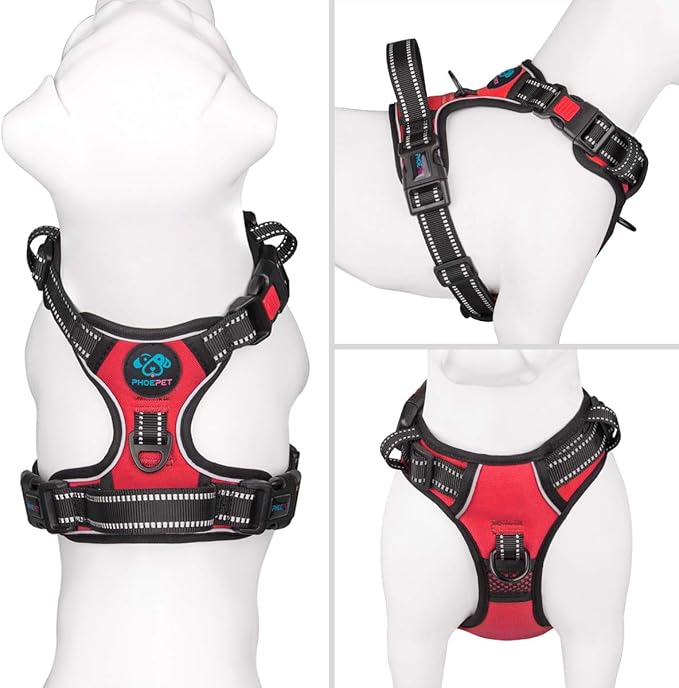 PHOEPET No Pull Dog Harnesses for Small Dogs Reflective Adjustable Front Clip Vest with Handle 2 Metal Rings 3 Buckles [Easy to Put on & Take Off](XS, Red)
