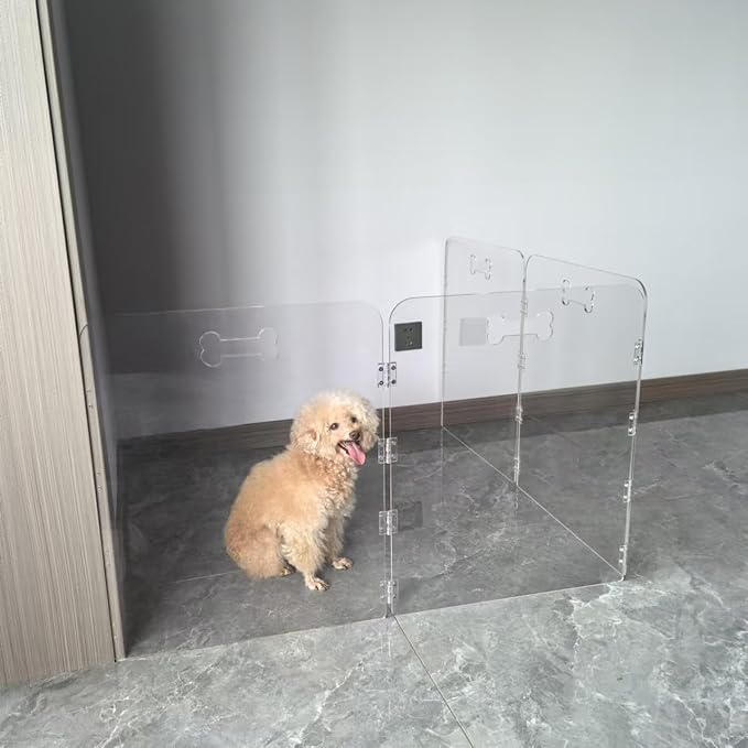 Acrylic Dog Playpen for House 4 Panels 80" W x 24" H Preassemble Foldable Clear Dog Gate Indoor with Handles, Free-Standing Pet Fence for Doorways Dog Pen for Small Dogs Puppy Cat Rabbit