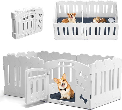 Dog Playpen with Door & Whelping Box, 6-Panel Lightweight Plastic Fence for Small to Medium Pets, Indoor/Outdoor Use, Portable, Durable, Non-Slip, Easy Assembly (White, Regular, 6)