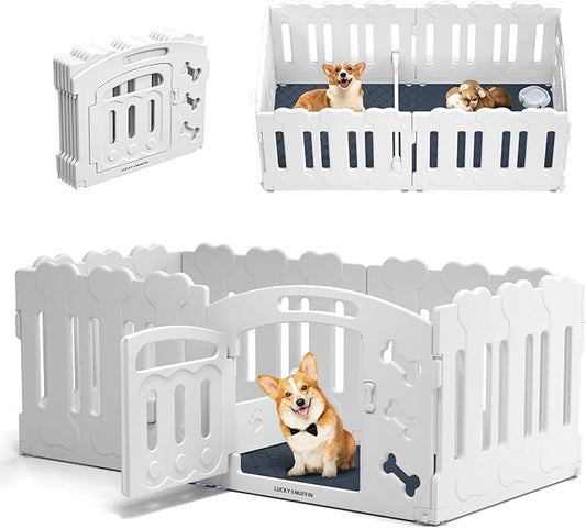 Dog Playpen with Door & Whelping Box, 6-Panel Lightweight Plastic Fence for Small to Medium Pets, Indoor/Outdoor Use, Portable, Durable, Non-Slip, Easy Assembly (White, Regular, 6)