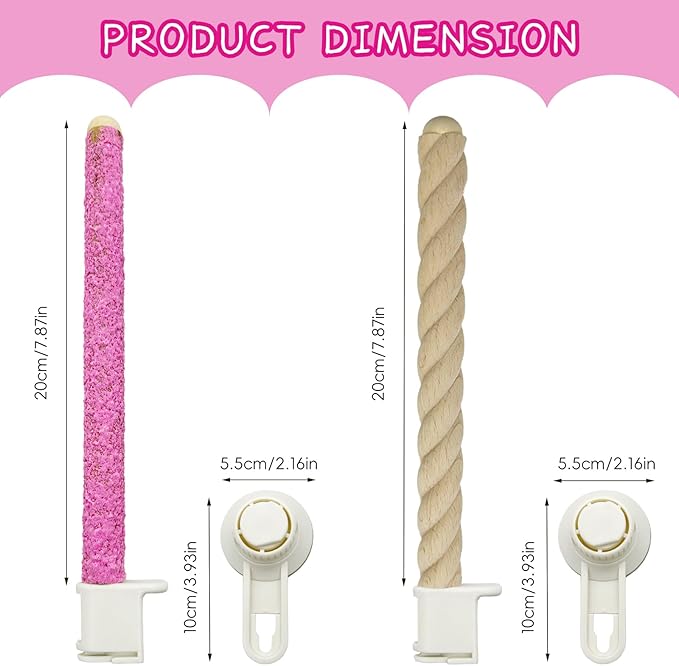 2Pcs Bird Perch With Suction Cup, Wooden Parrot Stand, Shower and Window Perch, Grinding Stick Training Toys, Wall Bath Car Travel Stand for Small and Medium Birds