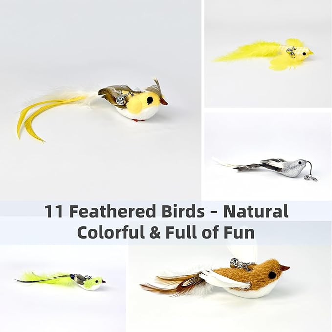 11 PCS Multi-Functional Cat Toy Replacement Heads – Realistic Handmade Bird Teasers with Bells & Detachable Clip, for Interactive Play, Indoor Enrichment & Home Decoration