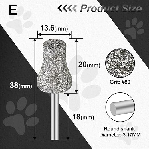 Diamond Dog Nail Grinder Bits - FOCSTOL Diamond Rotory Bit for Dogs&Pets, 1/8'' Rotary Nail Grinder Bits for Animals Nail Care (Type E)