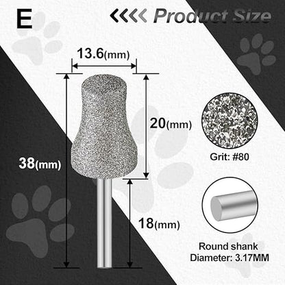 Diamond Dog Nail Grinder Bits - FOCSTOL Diamond Rotory Bit for Dogs&Pets, 1/8'' Rotary Nail Grinder Bits for Animals Nail Care (Type E)