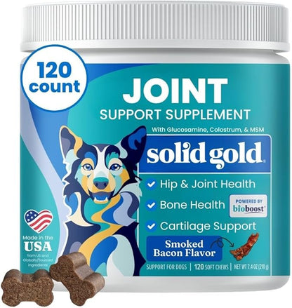 Solid Gold Hip and Joint Supplement for Dogs - Glucosamine Chondroitin MSM for Hip & Joint Pain Relief for Dogs - Puppy, Adult & Senior Dog Supplements for Dog Arthritis Pain Relief & Mobility - 120ct