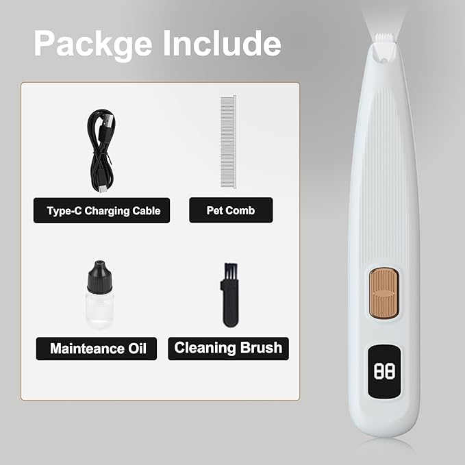 Electric Dog Paw Trimmer with LED Light, Low Noise Rechargeable Pet Hair Shaver for Ears, Face, Rump and Small Areas, Dog Grooming Kit